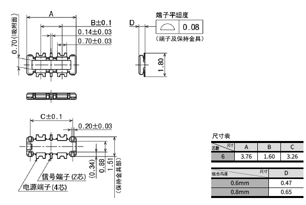 插头（组合高度 0.6mm・0.8mm） 外形尺寸图